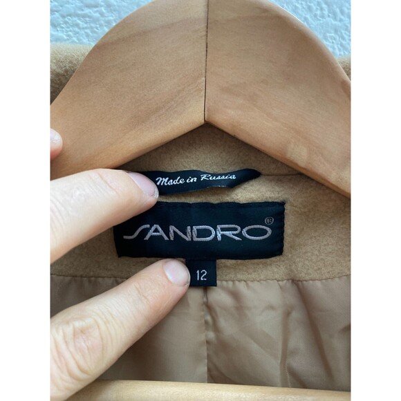 Sandro Trench Coat Jacket Camel 100% Pure Wool Belted Button Up Size 12 - Picture 2 of 4